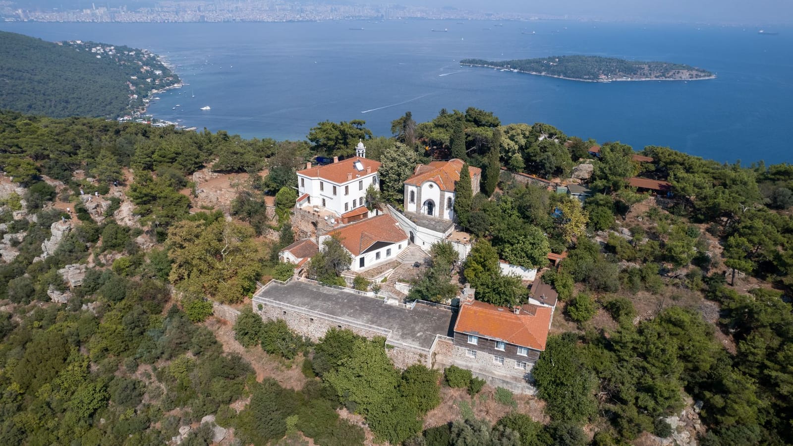 Aerial view of Aya Yorgi Church complex atop Buyukada island.