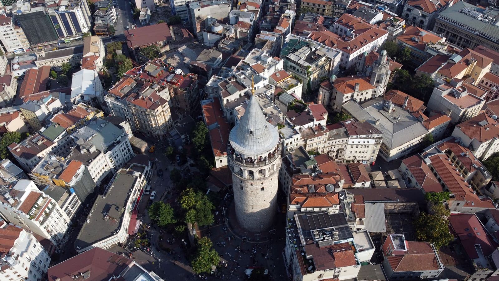 Aerial view of visitors accessing the observation balcony atop Galata Tower.