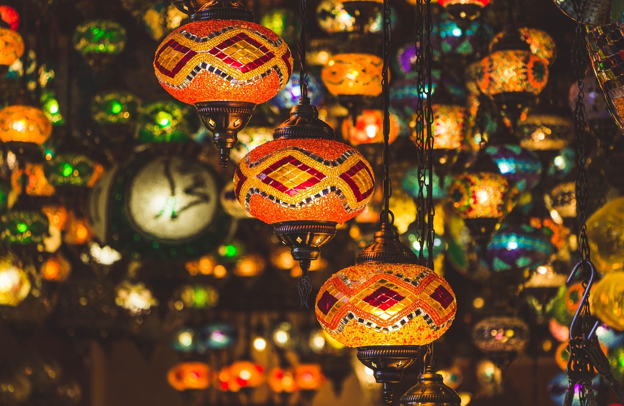 Vibrant Turkish mosaic lamps hang inside a traditional shop at Arasta Bazaar.