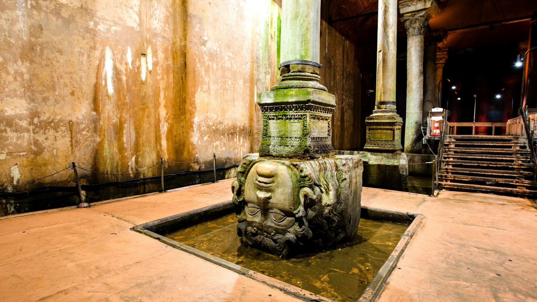 The famous upside-down Medusa head serves as a base for a column in the cistern.