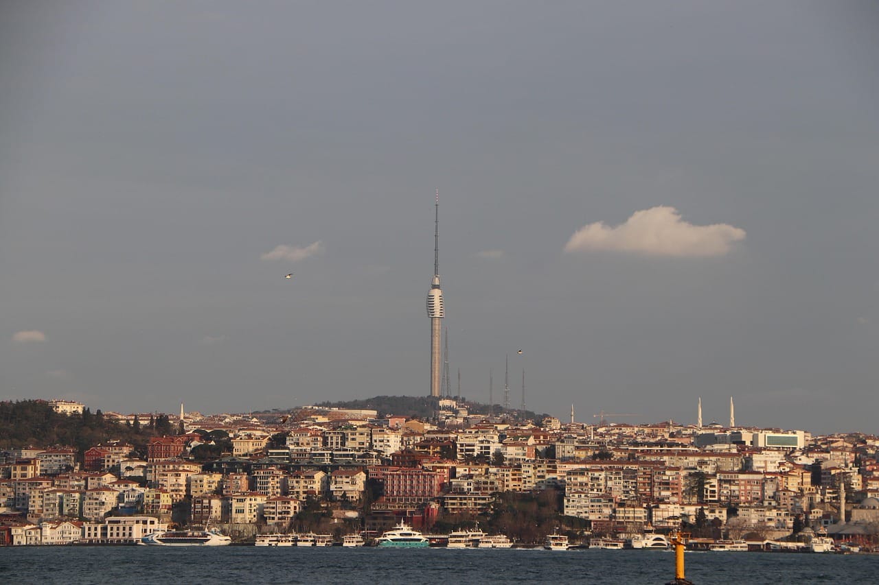 Modern Çamlıca Tower rising high above the dense cityscape of Istanbul.