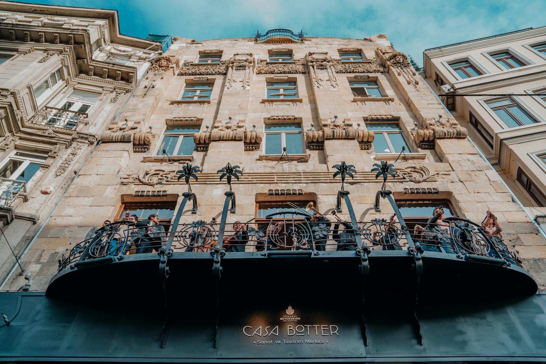 The ornate facade and balcony of Casa Botter, a landmark Art Nouveau building in Istanbul.