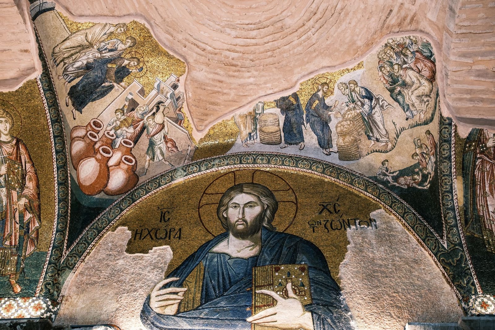 Ancient Christ Pantocrator mosaic preserved on the wall of Chora Mosque in Istanbul.