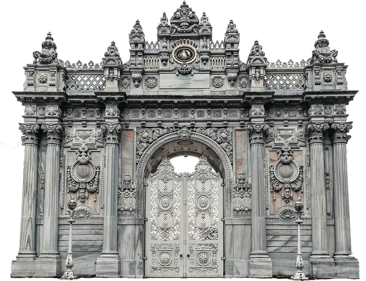 The intricately carved marble Imperial Gate at the entrance of Dolmabahçe Palace in Istanbul.