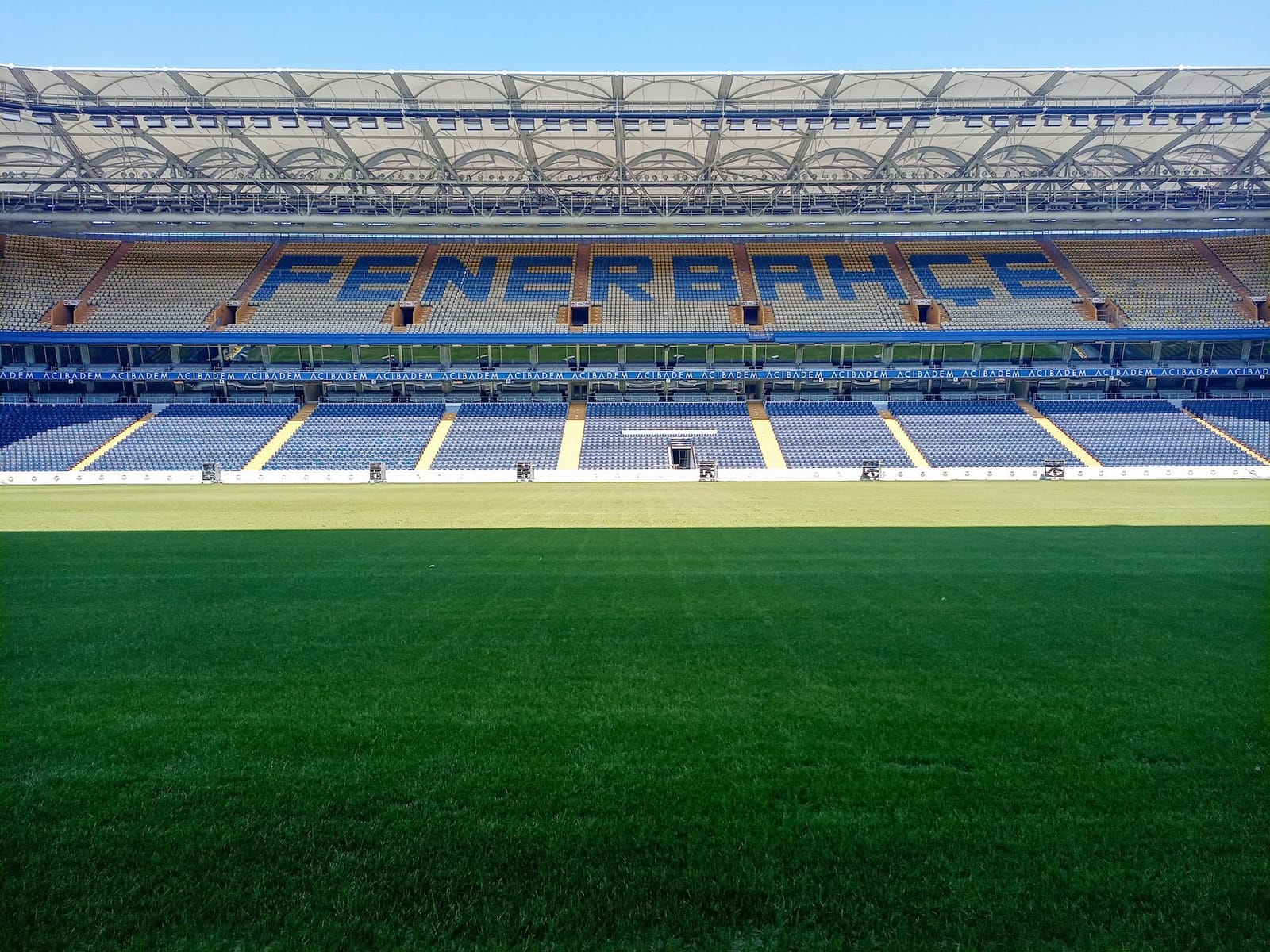 Empty seating stands at the Fenerbahce football stadium in Istanbul.
