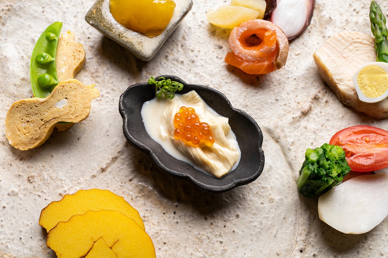 A selection of delicate gourmet appetizers served at a Michelin restaurant.