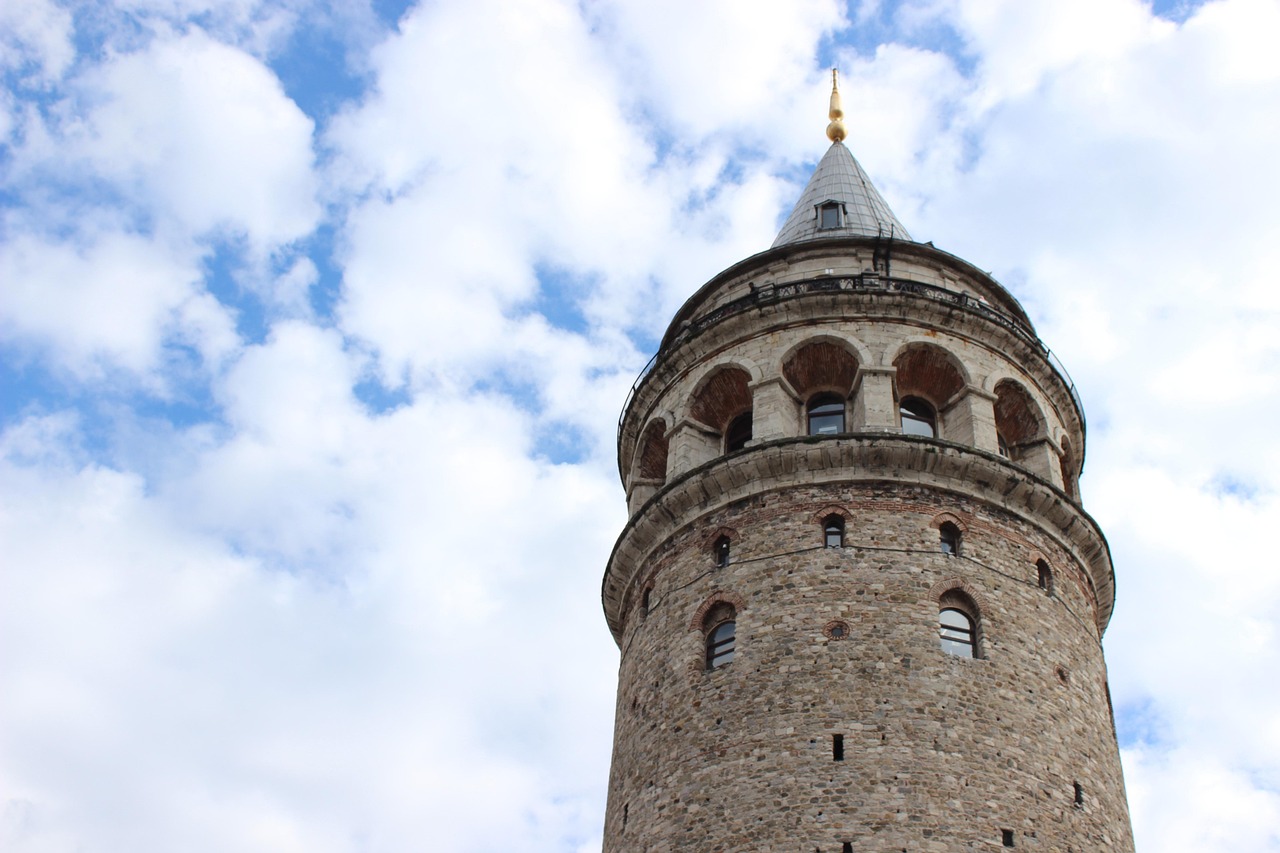 Close-up of Galata Tower showing the observation balcony and conical roof.