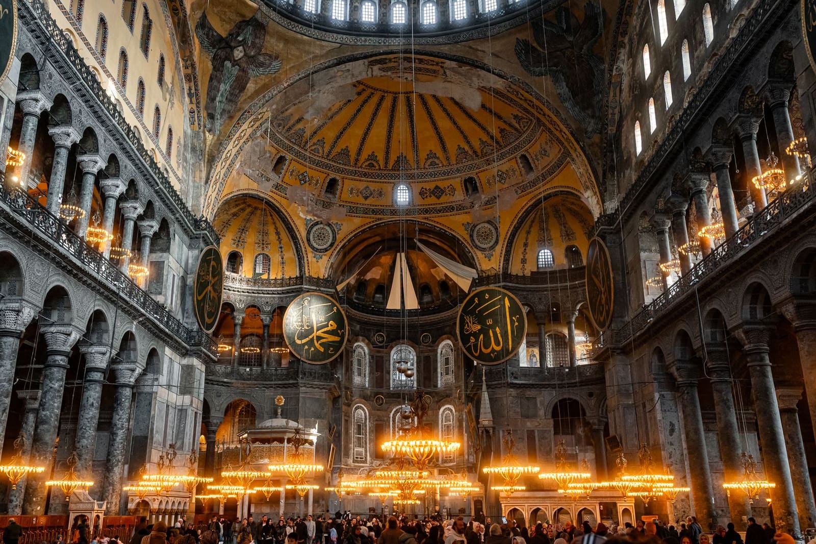 View of the dome and upper gallery level inside Hagia Sophia.