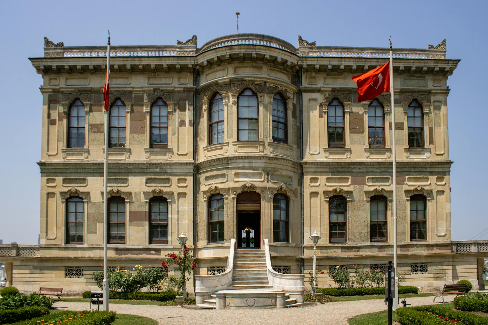 Frontal view of the historic Kucuksu Pavilion showing its intricate rococo architectural details.