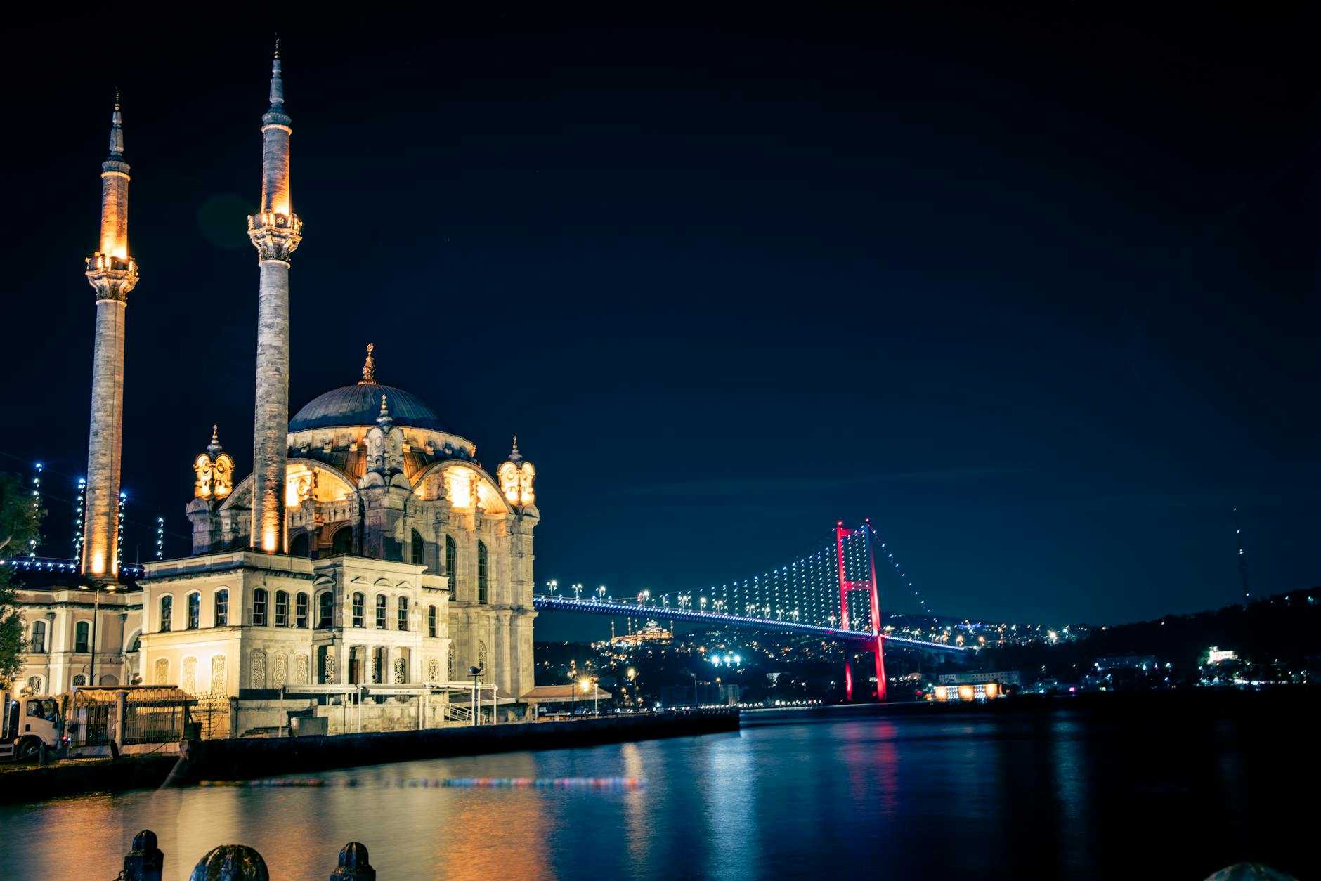 Ortakoy Mosque and the Bosphorus Bridge illuminated against the dark night sky.