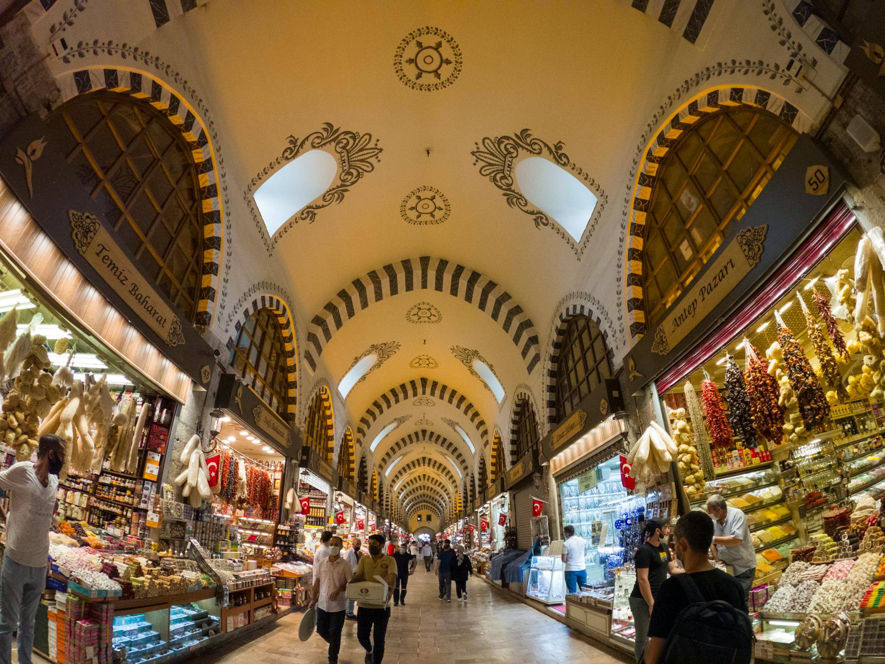 Stalls of Turkish delights and spices inside the historic Spice Bazaar in Sirkeci.