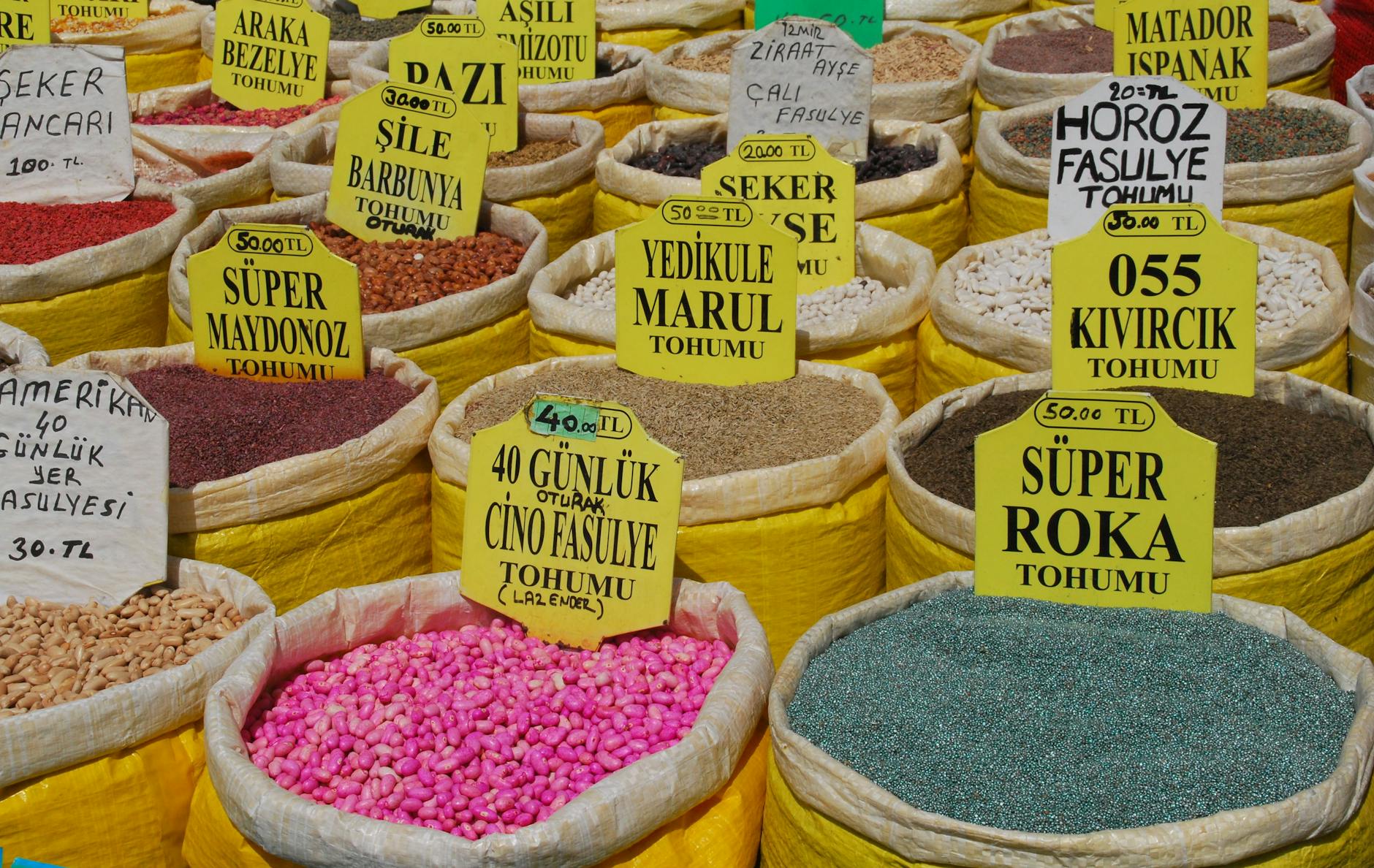 Traditional sacks of seeds and legumes with Turkish price tags at a local market.