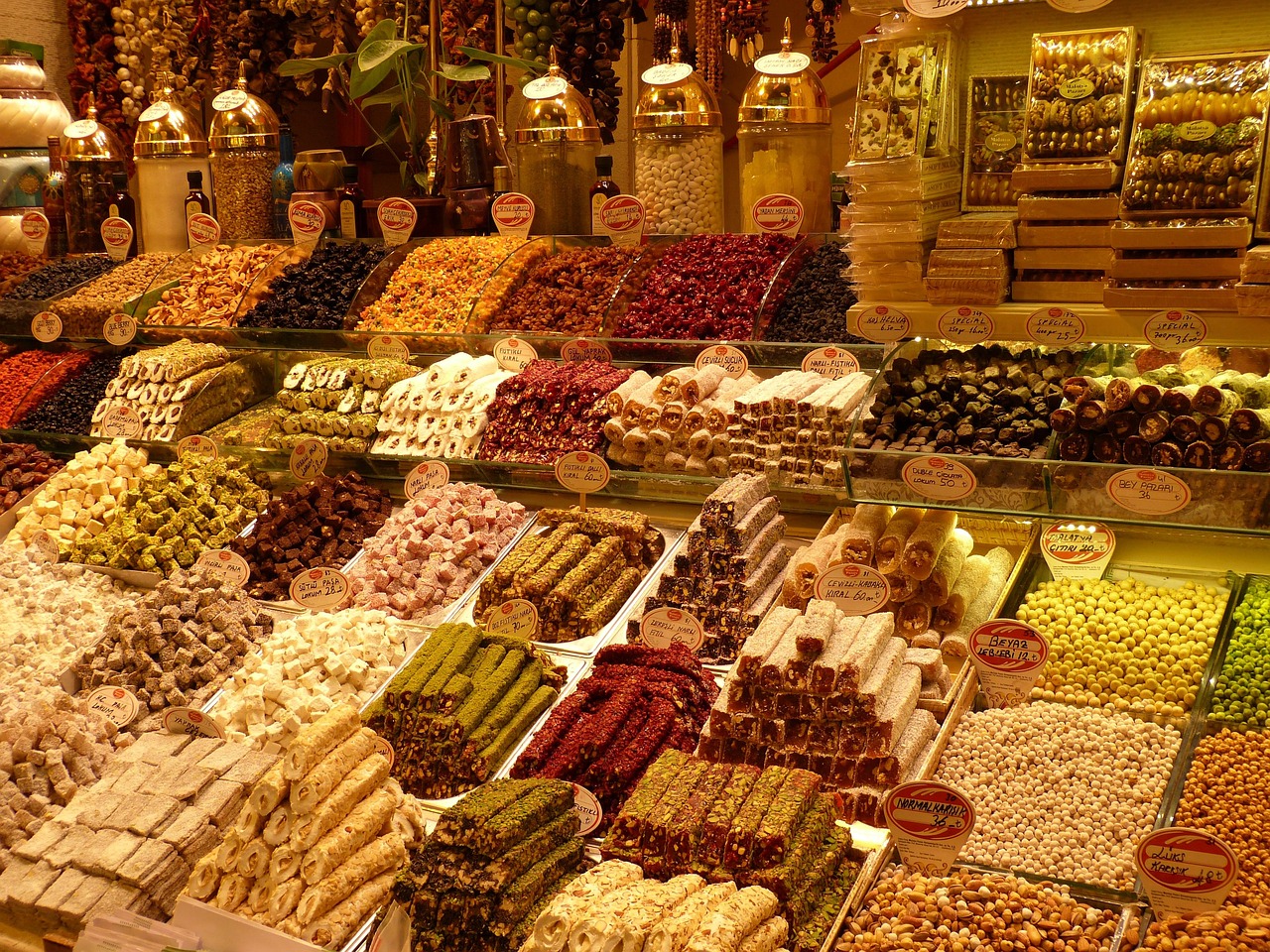 A colorful assortment of authentic Turkish delight and nuts displayed in a historical shop.