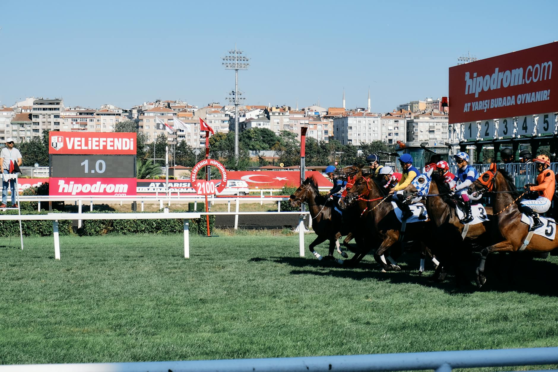 Jockeys compete in a horse race at the historic Veliefendi Hipodromu located near Bakirkoy.