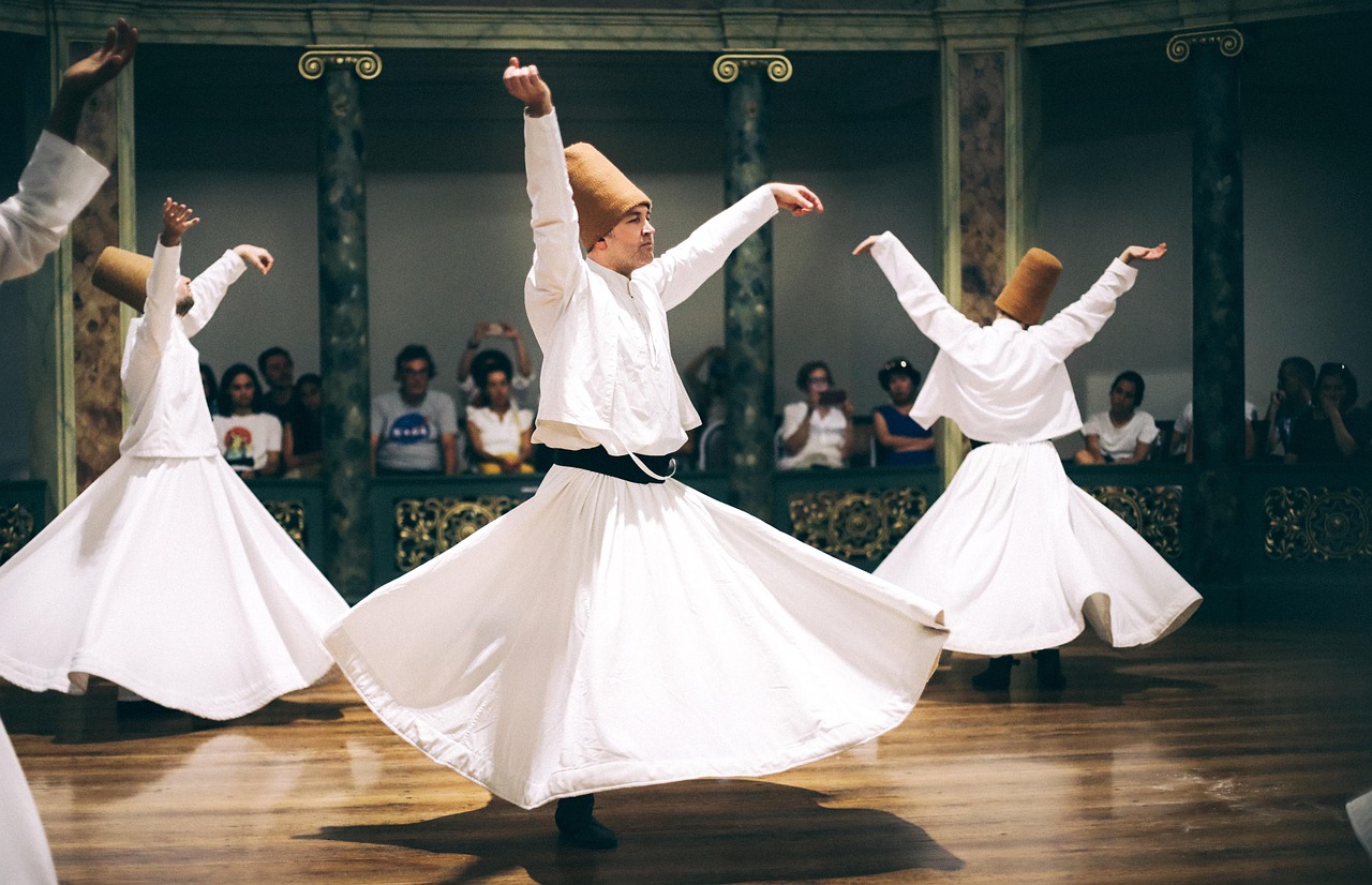 Whirling dervishes perform the Sema ceremony at the historic Yenikapı Mevlevihanesi in Istanbul.