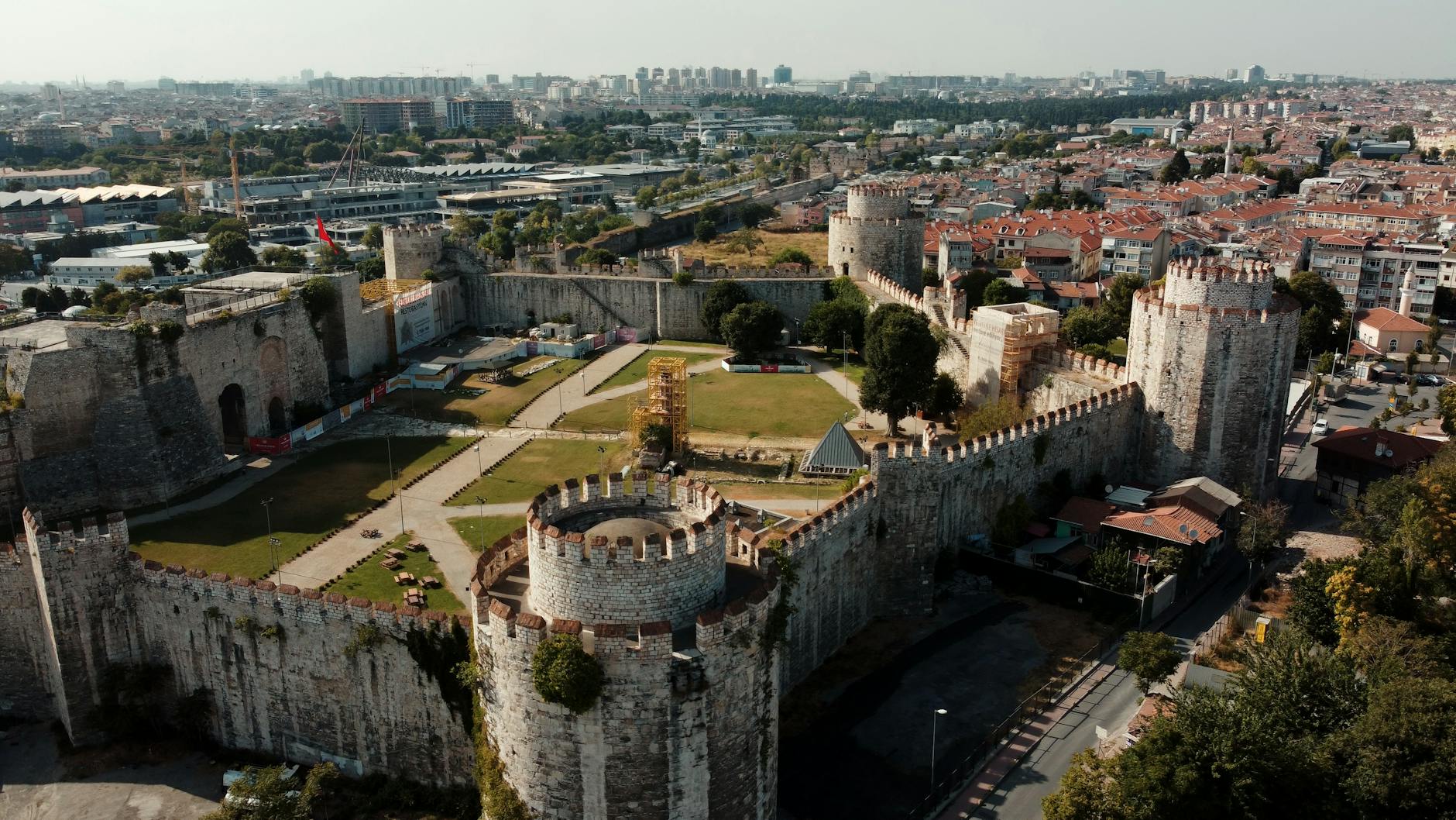 Wide aerial view of the Yedikule Fortress and the ancient city walls of Istanbul.