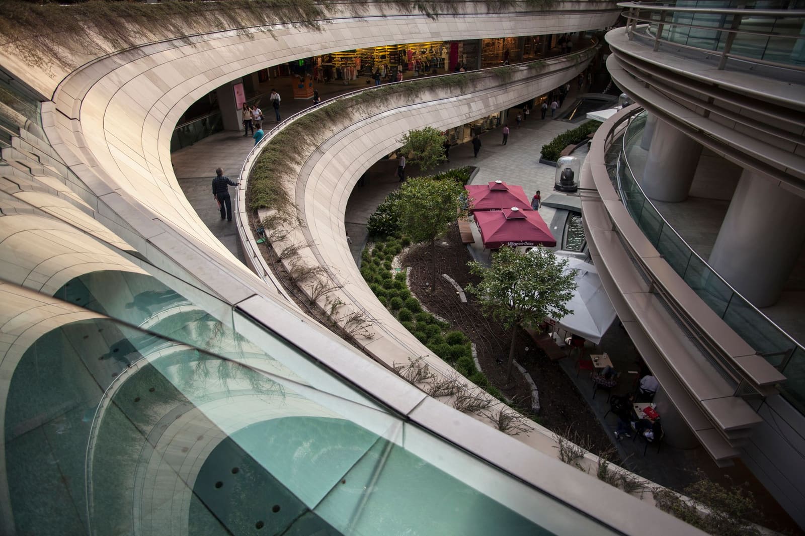 Open air terraced courtyard and shopping walkways inside Zorlu Center in Istanbul.